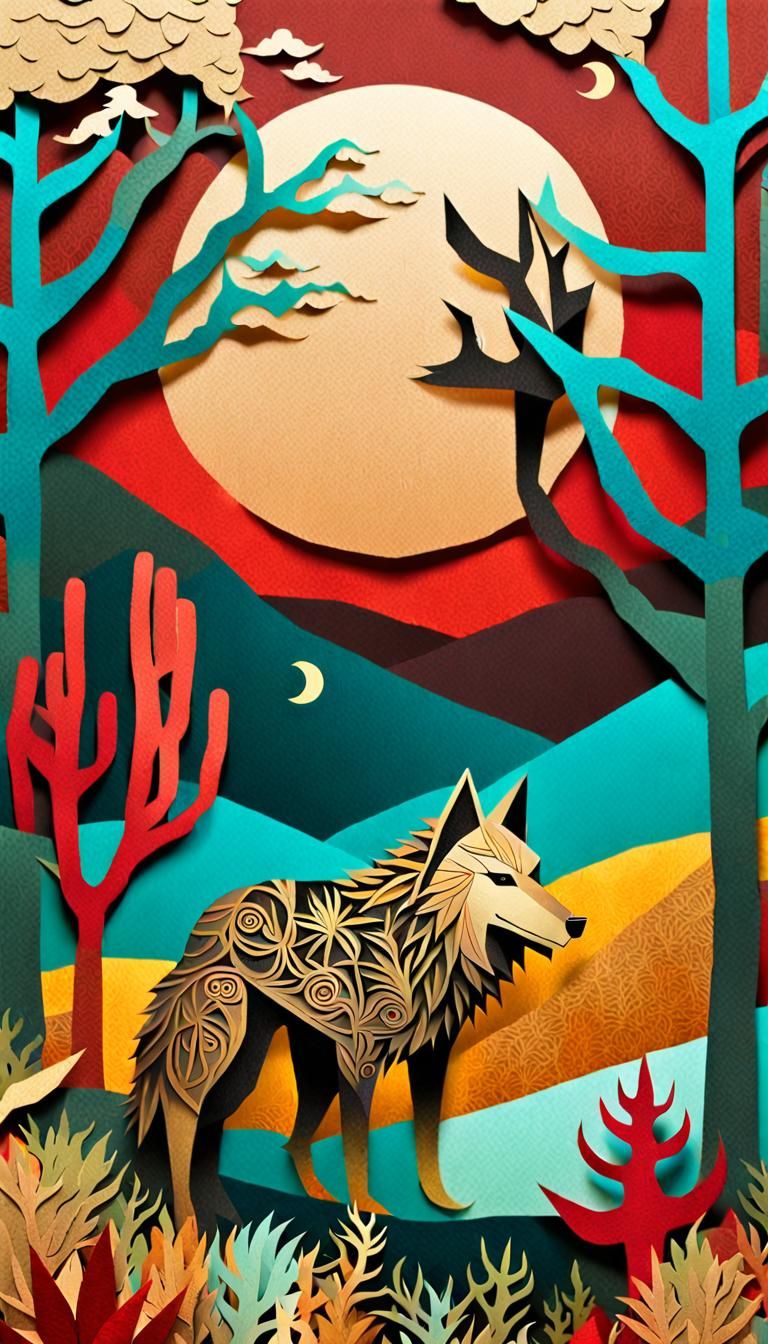 Eldritch Cactus and Wolf in Fall Paper Collage