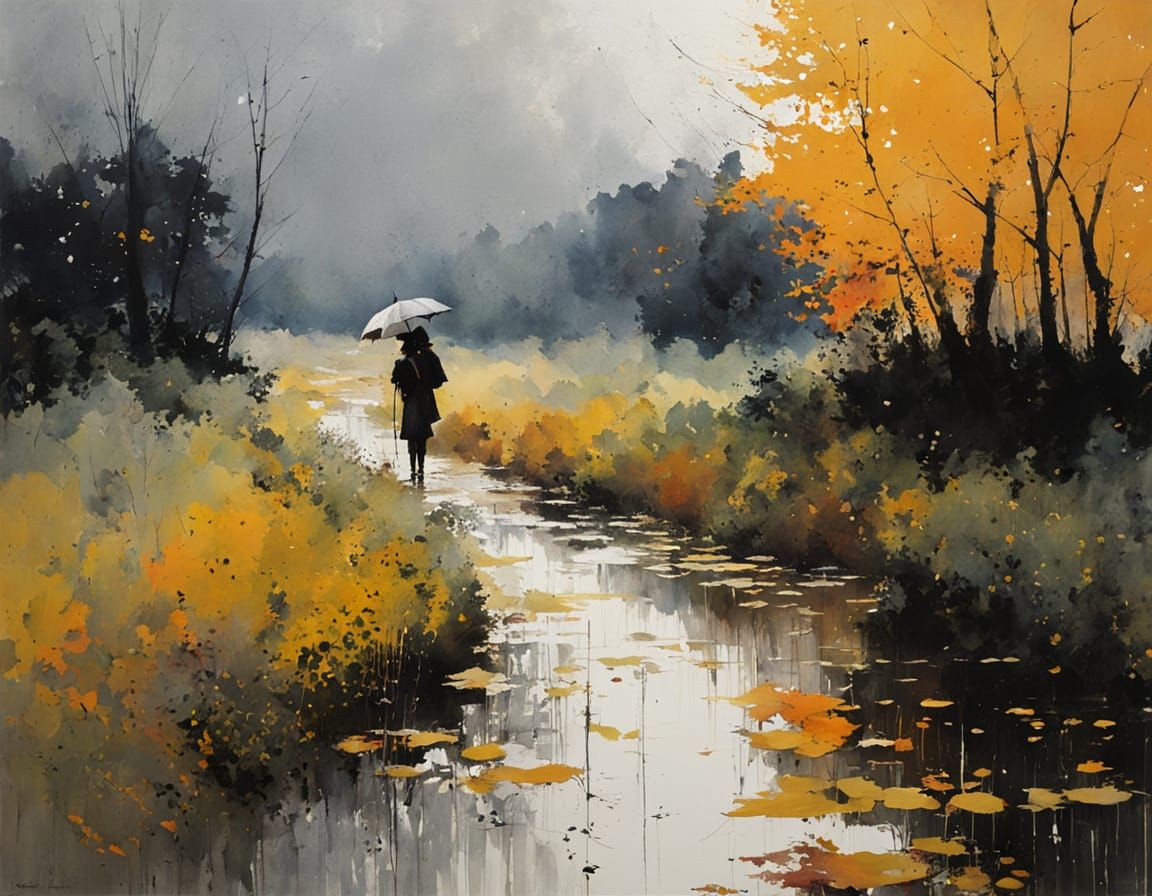 Autumnal Rainy Cityscape in Watercolor