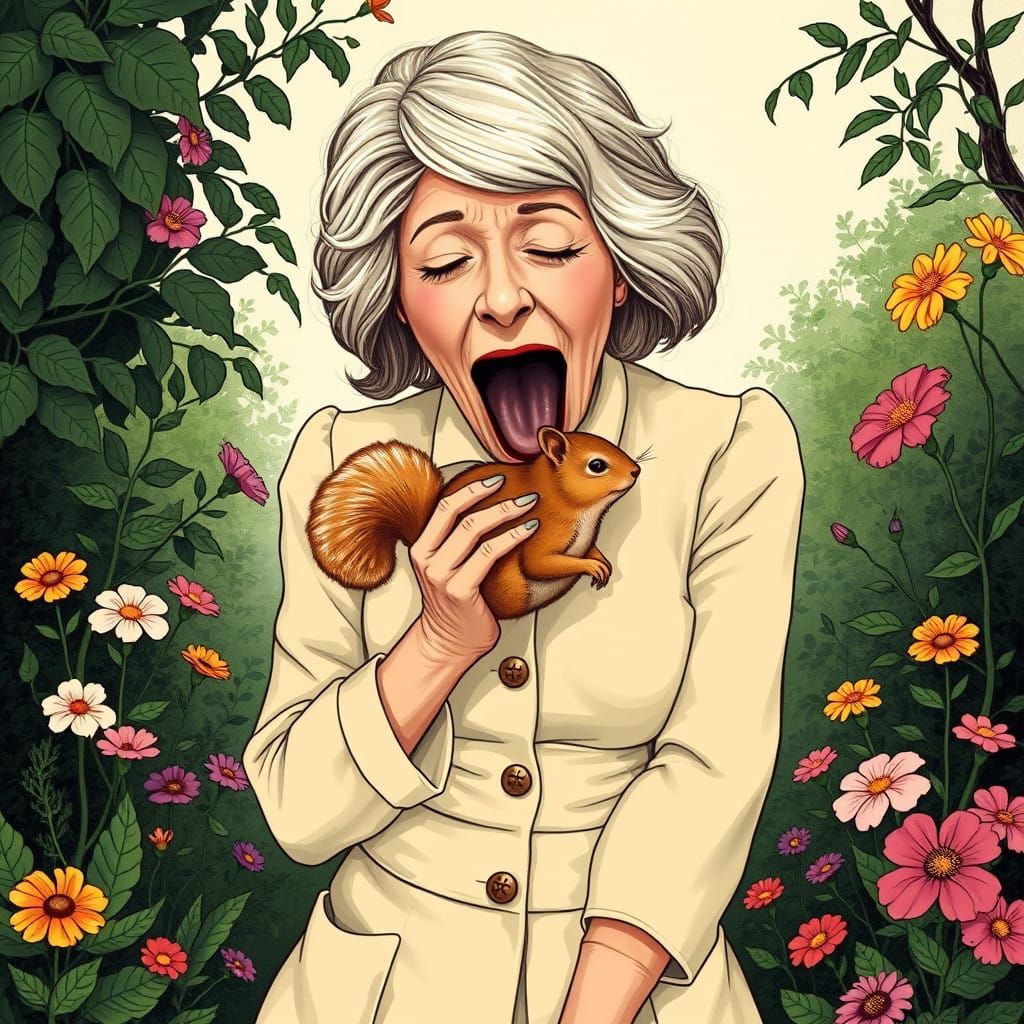 Ethereal Garden Scene with Whimsical Swallowing Squirrel