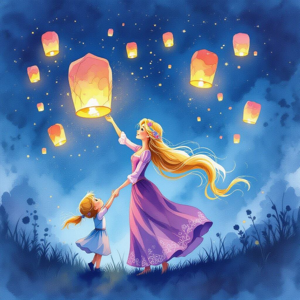 Rapunzel and Child Launching Lanterns: Watercolor Style