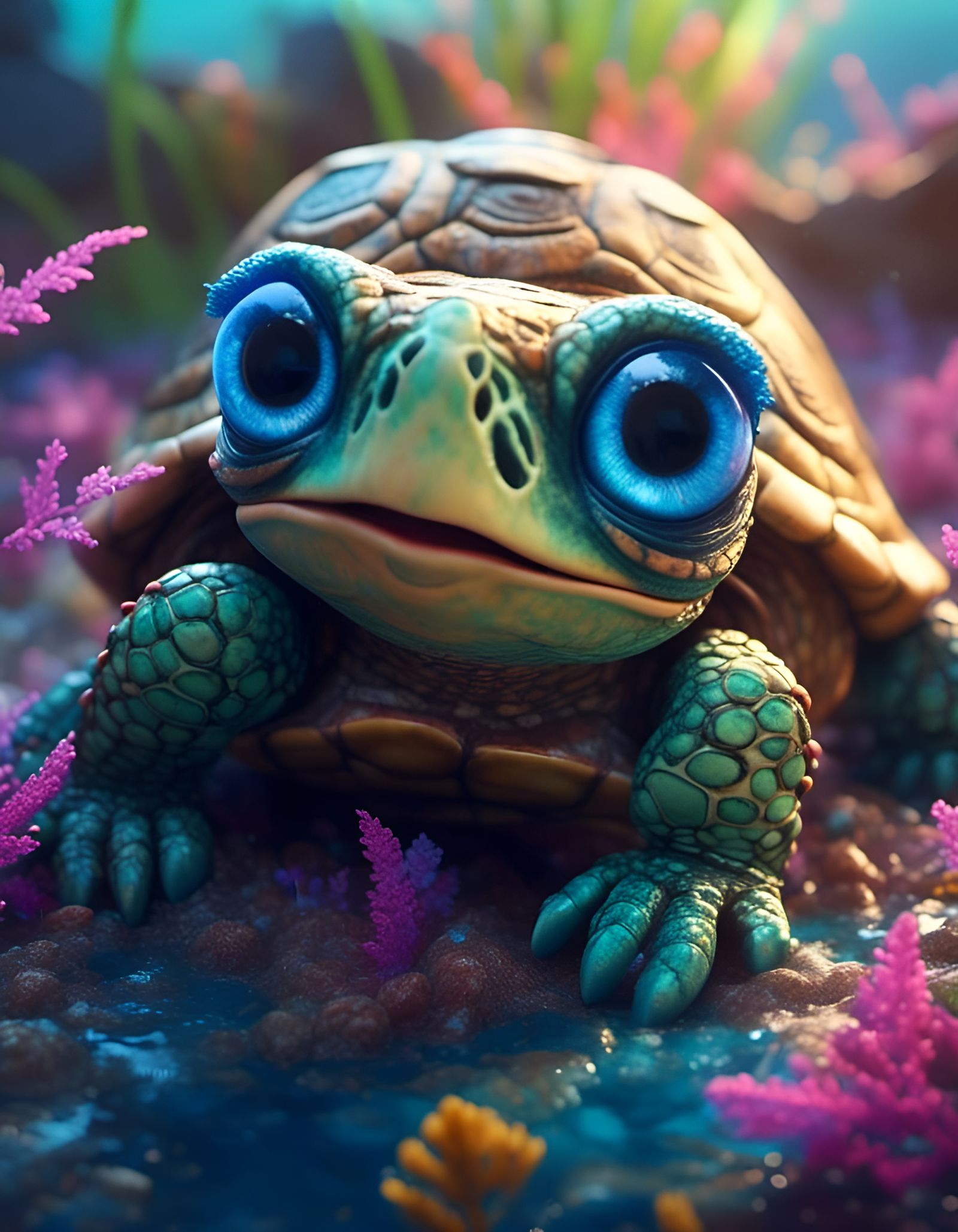Cute Turtle with Big Blue Eyes in 3D