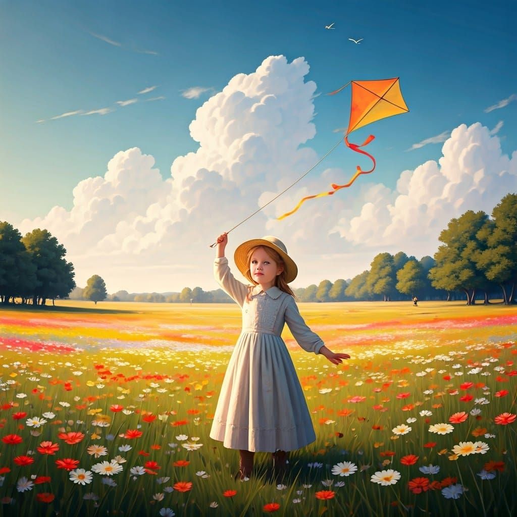 Childhood Joy: Girl Flying Kite in Field of Flowers