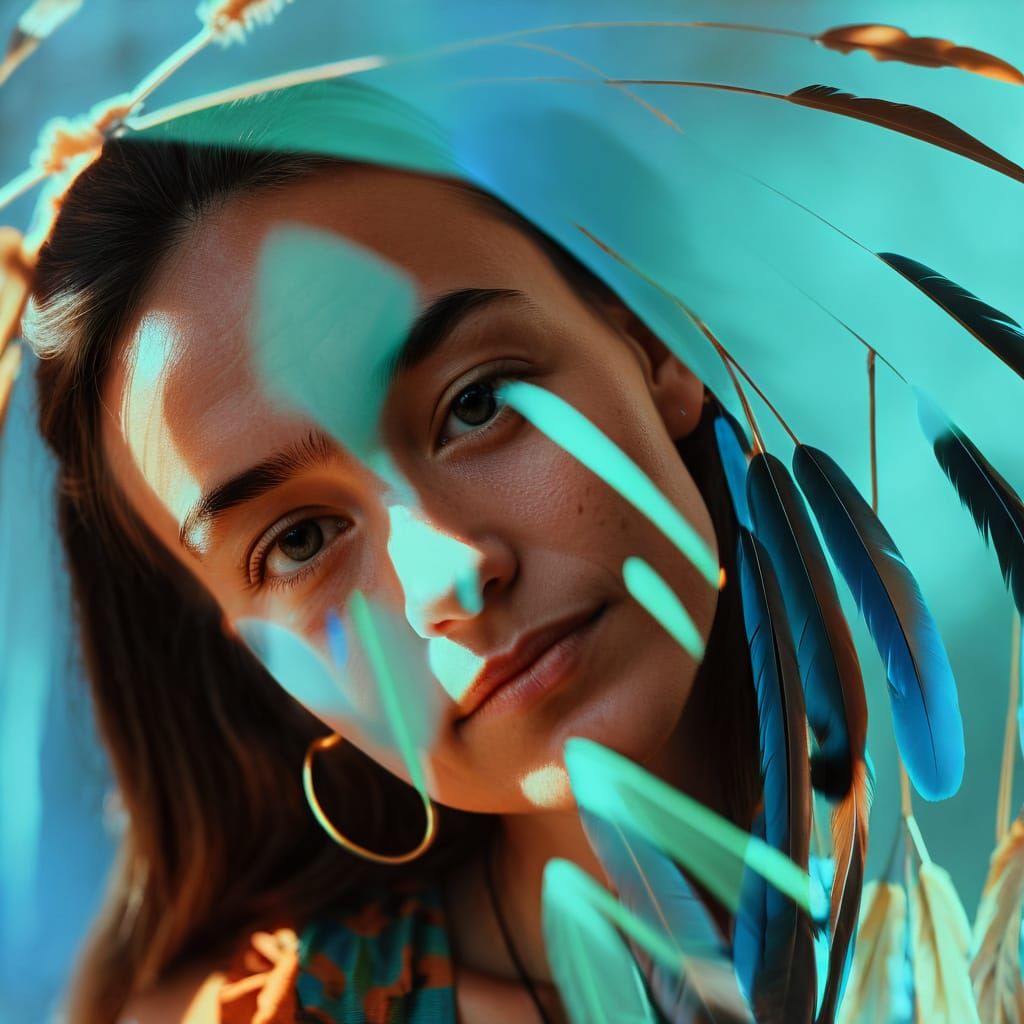 Girl Hidden Among Vibrant Birds in Dreamlike Psychedelic Sce...