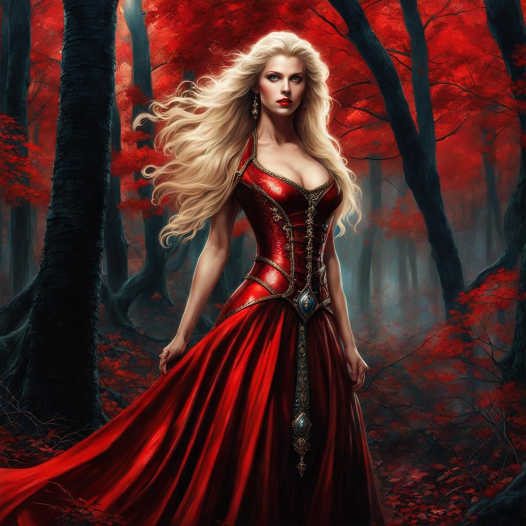 Gothic Enchantress in Magic Red Forest