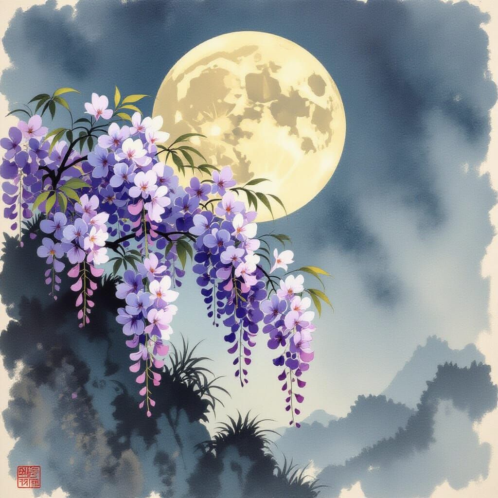 Fragile Wisteria in Moonlight: Ukiyo-e Style