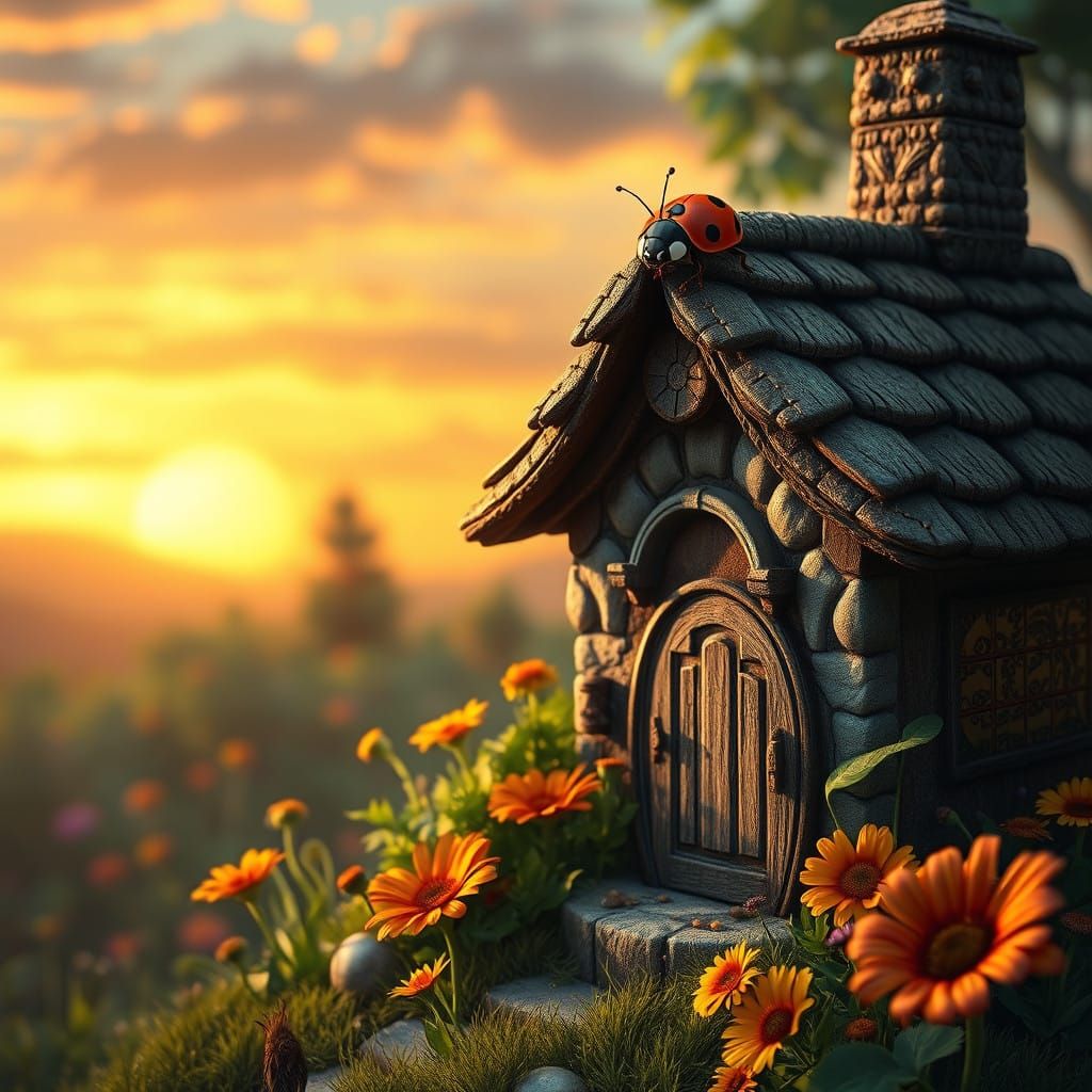 Enchanted Ladybug Cottage in Whimsical Sunset Wonderland