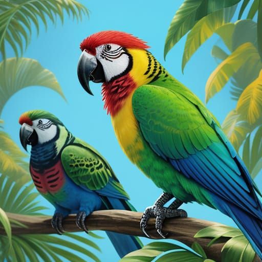 Vibrant Oil Painting of Parrots in Aviary
