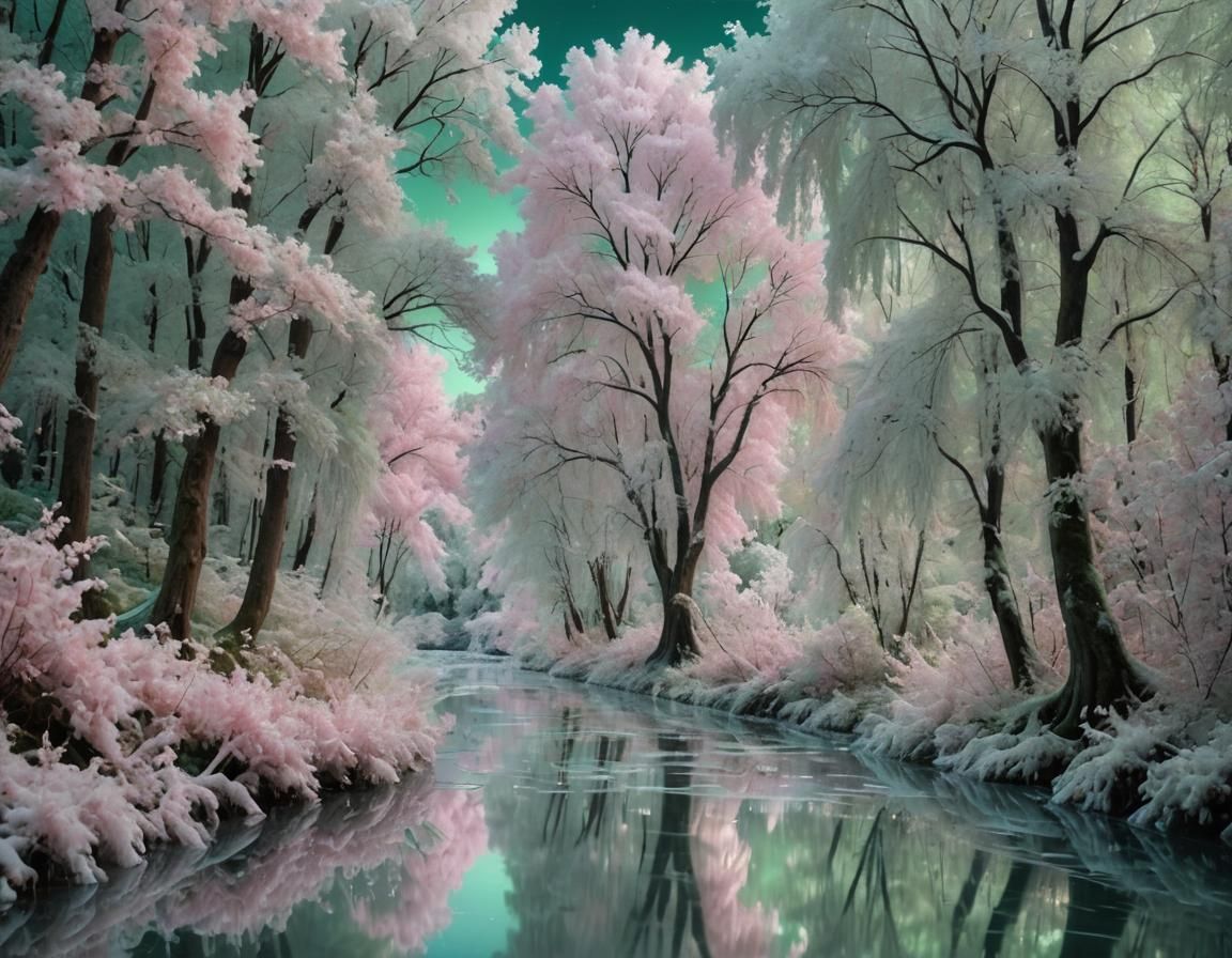 Iridescent River Through Cotton Candy Forest at Night