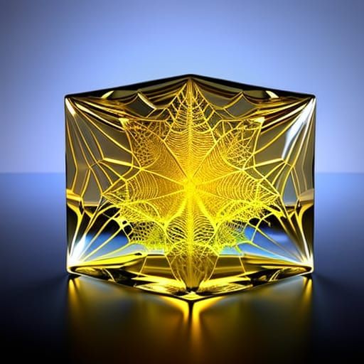 Cracked Glass Cube with Gold Fractal Spiderweb Effect