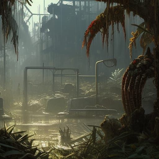Post-Apocalyptic Jungle City in Dark Fantasy Style