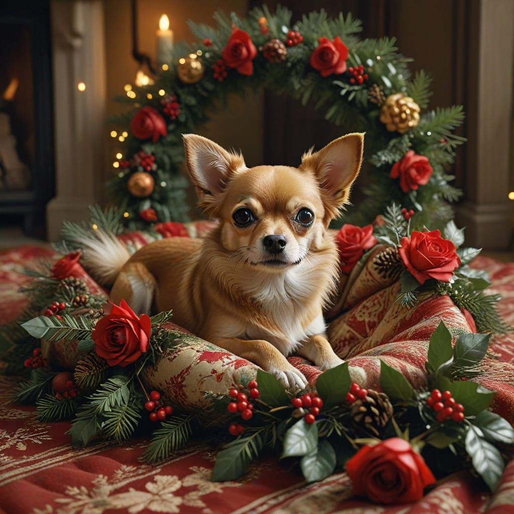 Golden Chihuahua Surrounded by Christmas Whimsy