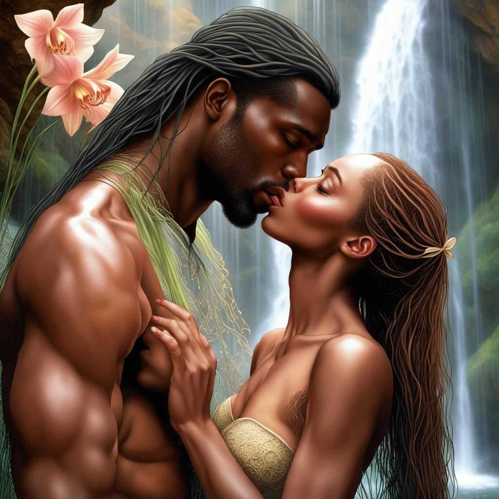 Nymph Woman and Muscular Man Kissing by Waterfall