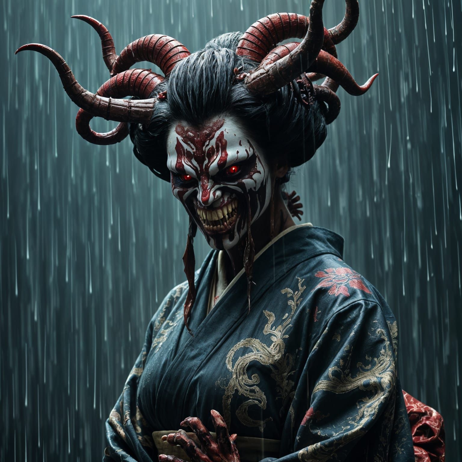A beautiful, evil demonic geisha stands in the rain, her fac...