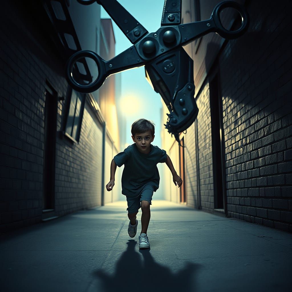 Terrified Child Fleeing Monstrous Scissors in a Gritty Alley...