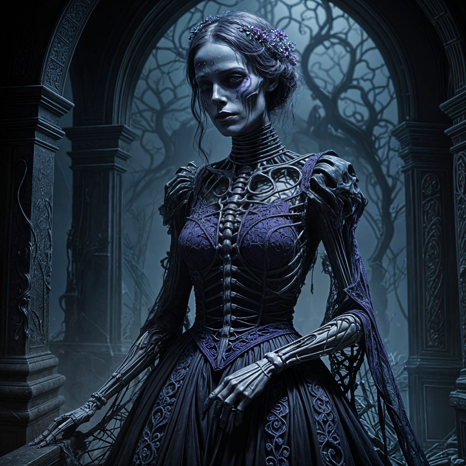 Gothic Woman Embracing Her Skeleton Lover in a Purple Haze