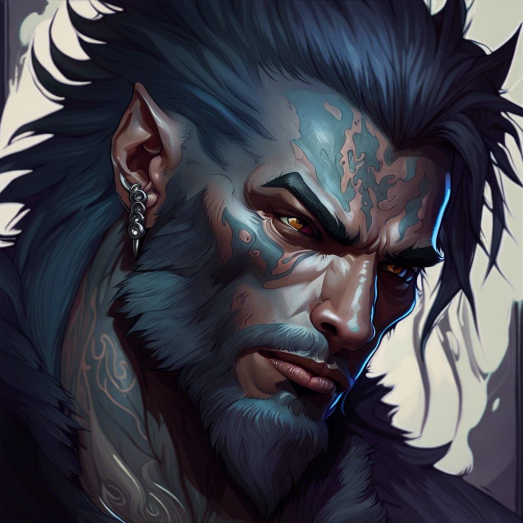 Gothic Tattooed Werewolf Portrait in Hyperdetailed Digital A...
