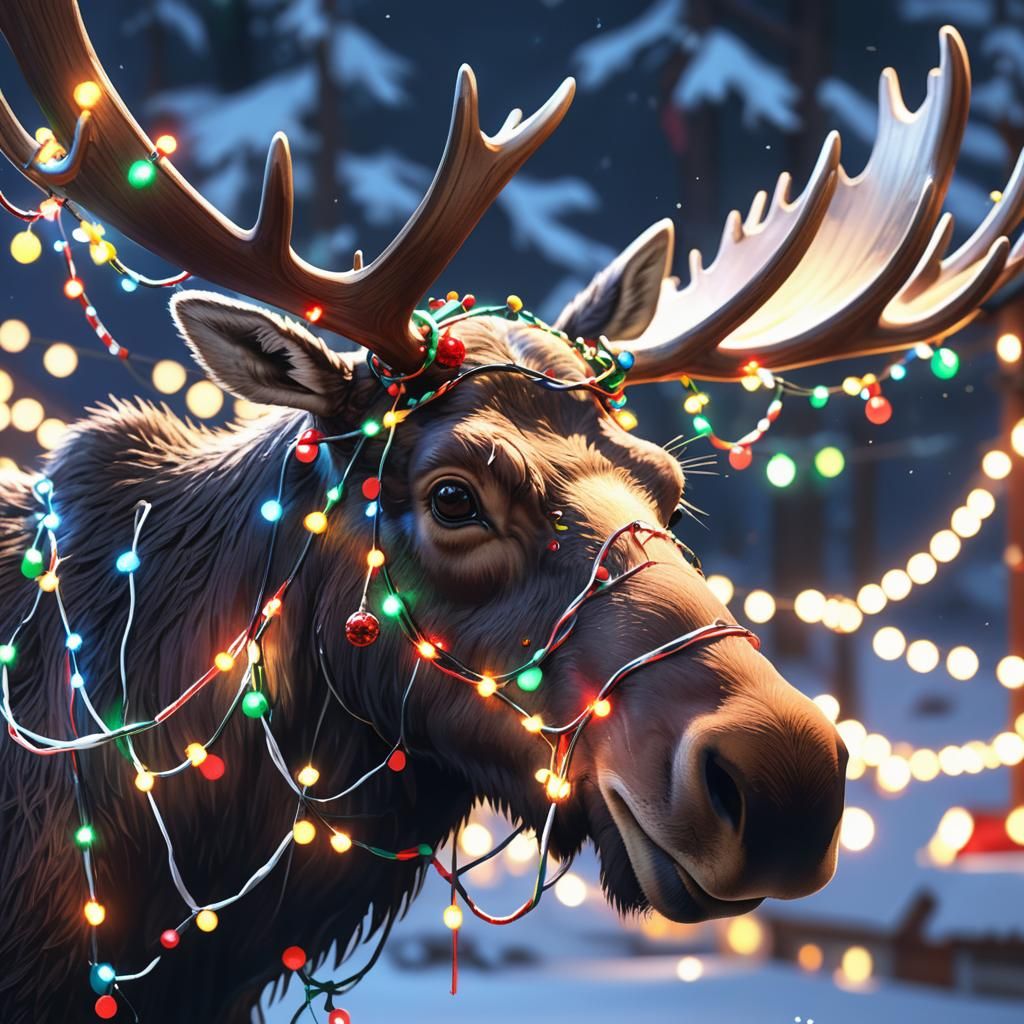 Moose Antlers Entangled in Christmas Lights: 3D Anime Art