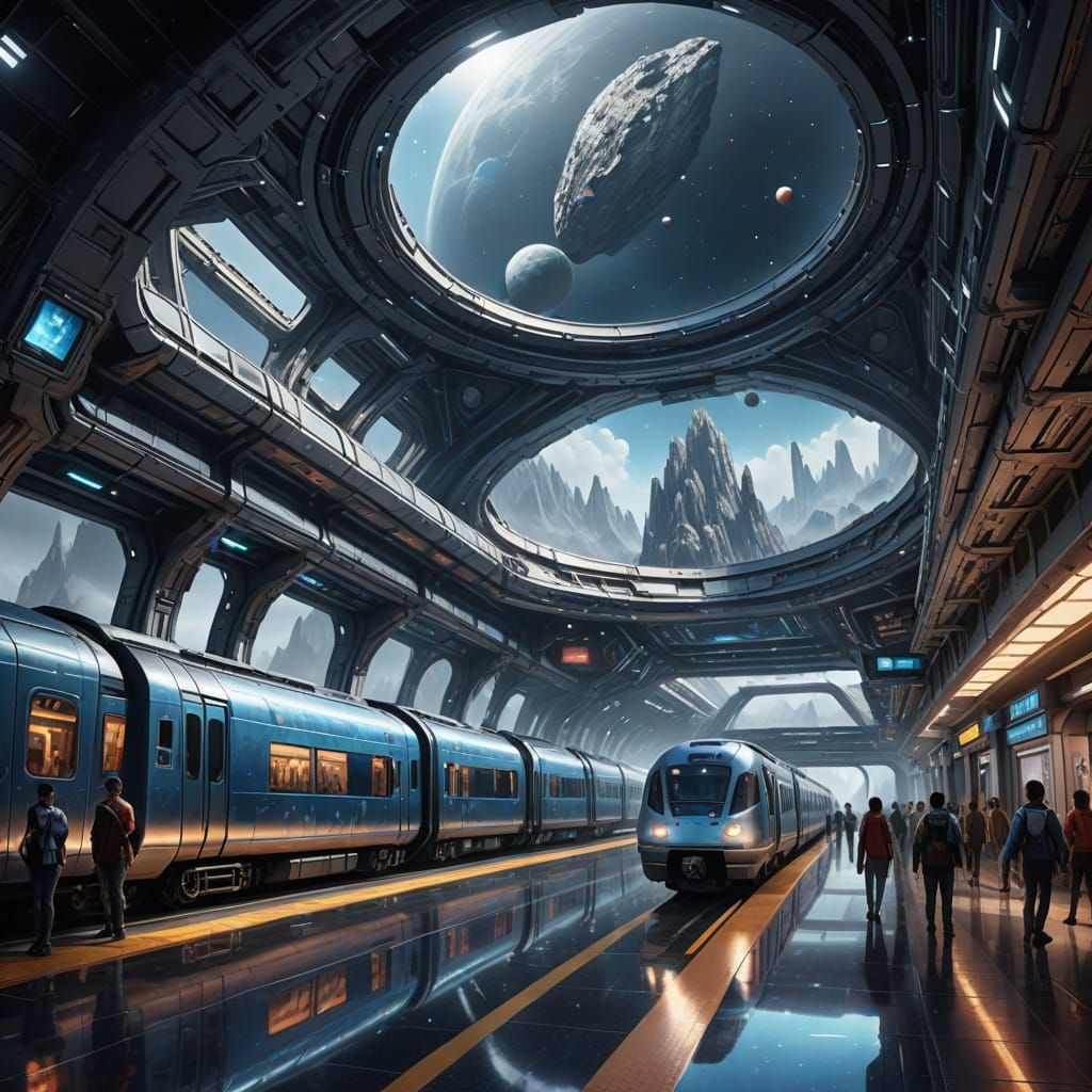 Futuristic Asteroid Train Station in Holographic Style