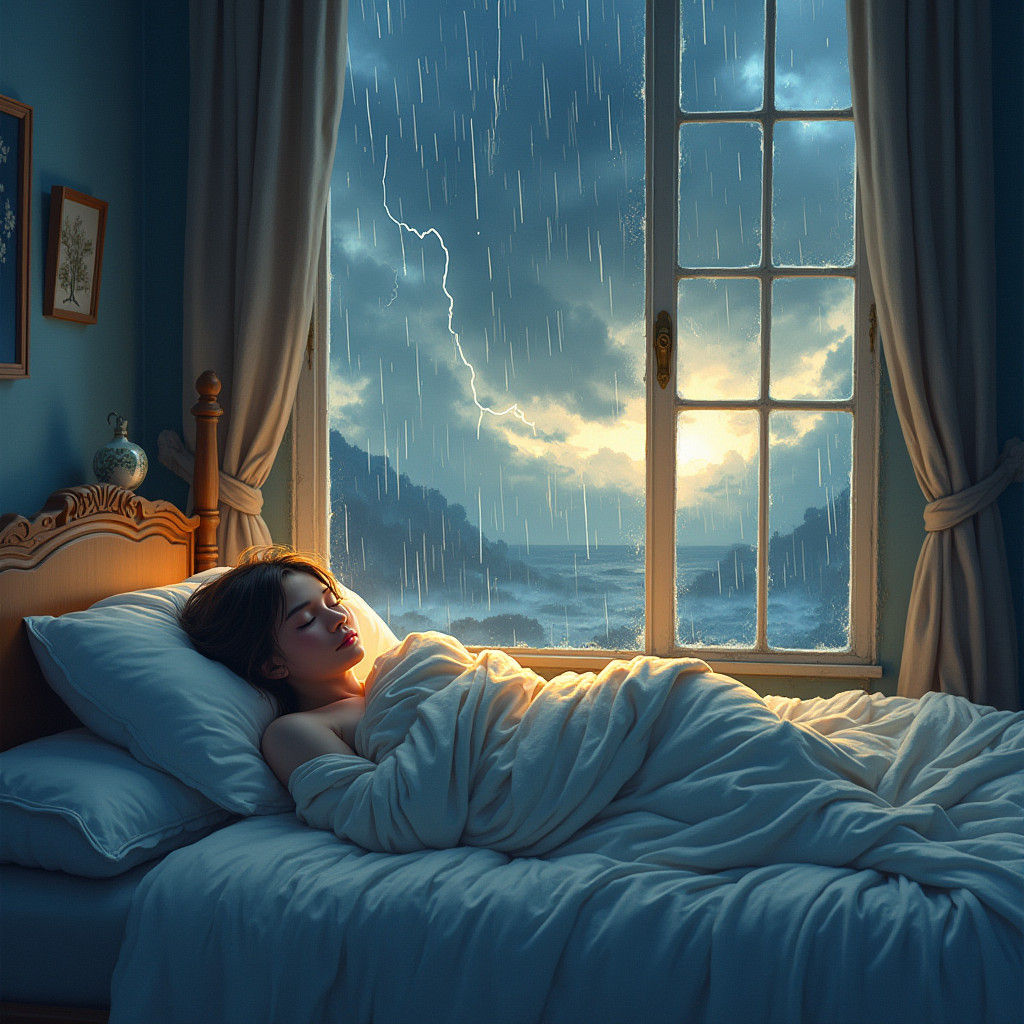 Serene Slumber Amidst a Storm, Digital Illustration