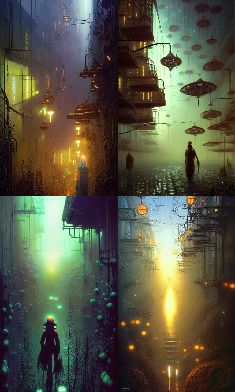 Steampunk Alley of Fireflies: Digital Illustration