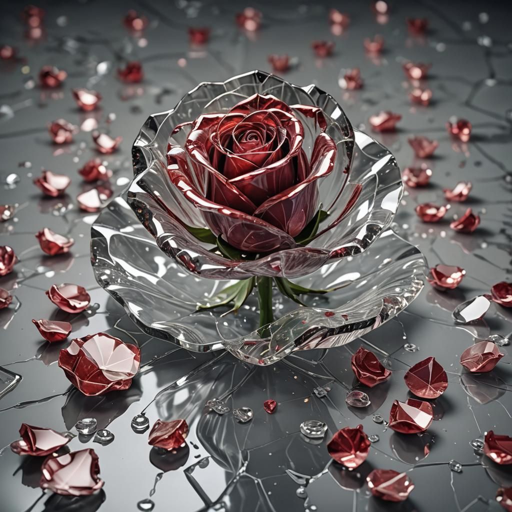 Glass Rose Shattering: Hyperrealistic Close-Up
