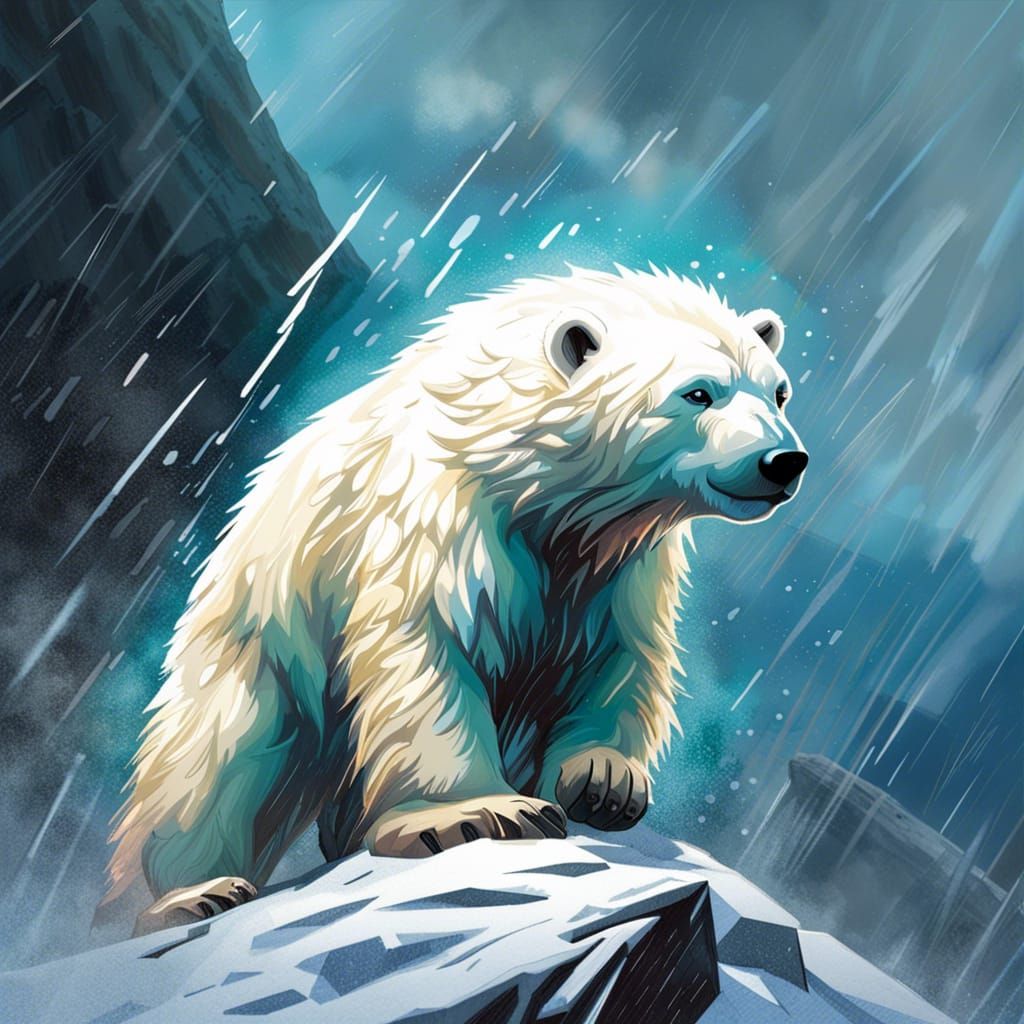 Hyperrealistic Polar Bear Cub Climbing Snowy Mountain