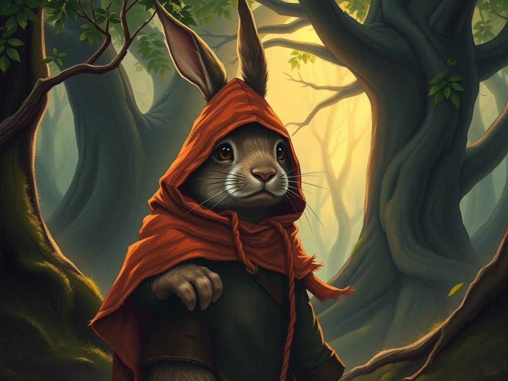 Rue the Worn Rabbit in Crimson Hooded Cloak
