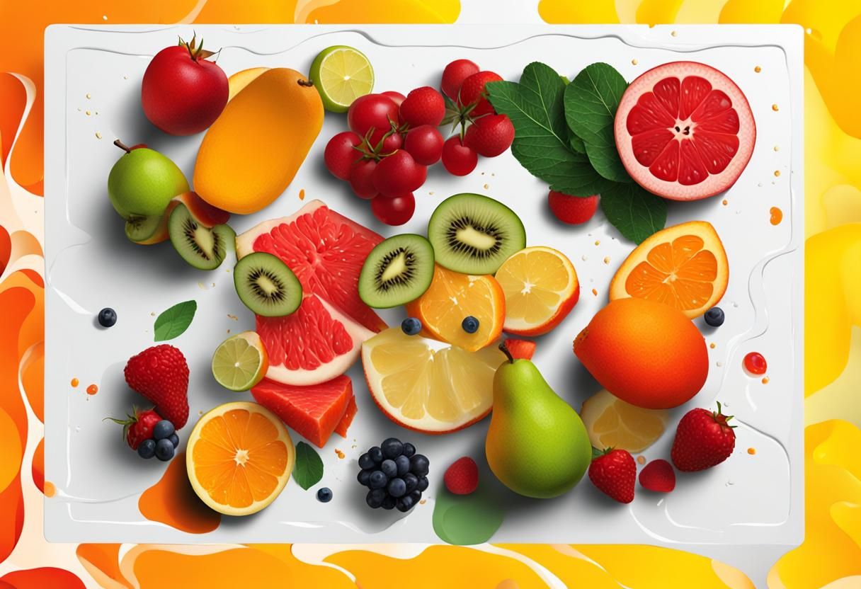 Prompt "Tasty Fruit Dish, Sitting on Hyperrealistic Neutral ...