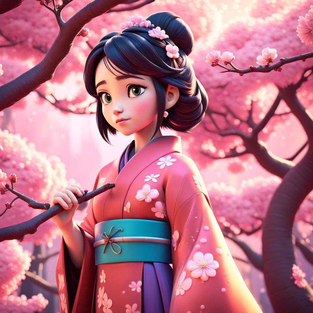 Japanese Princess and Blossom Trees: Pixar-Style 3D Art
