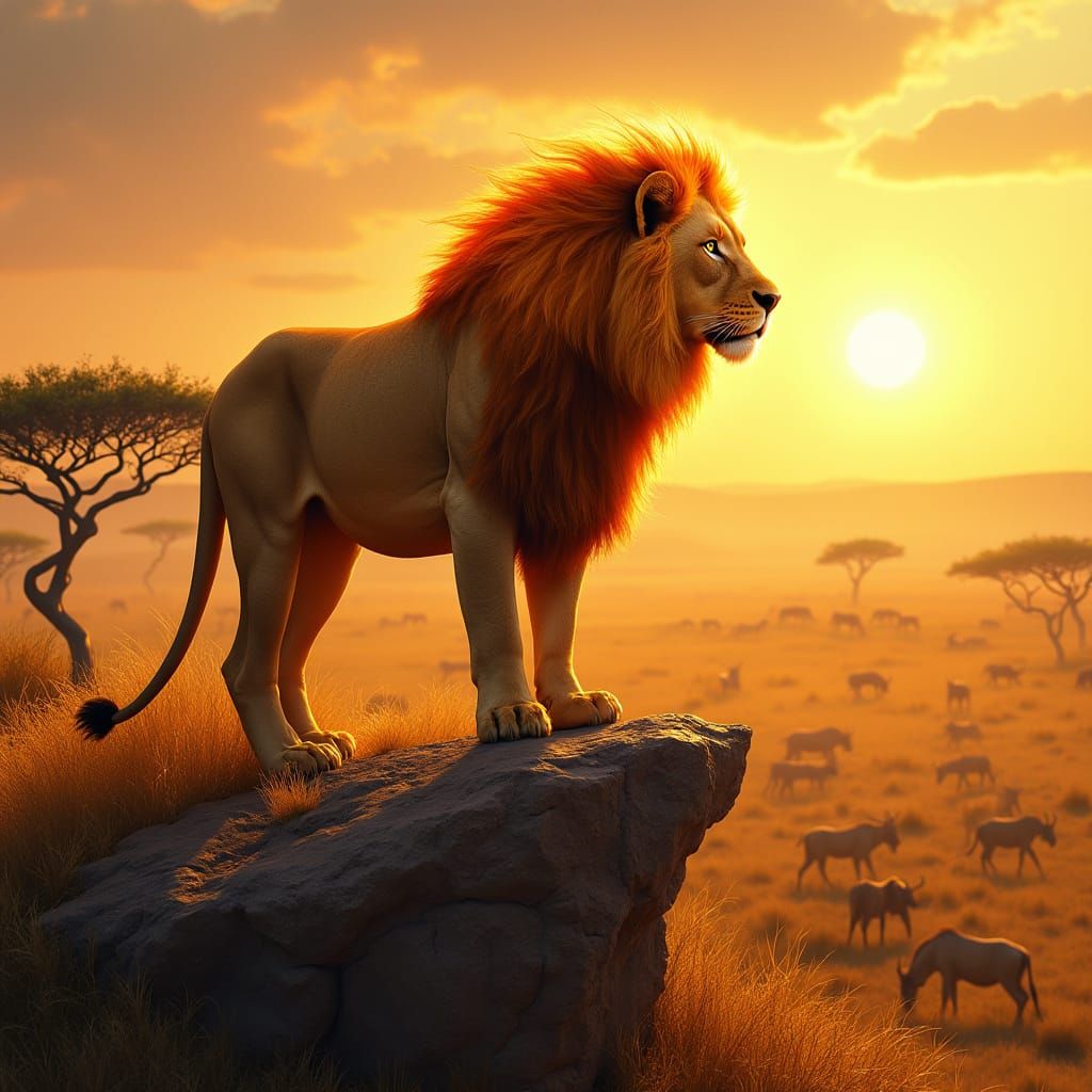 Majestic Lion in Fiery Mane, Golden Savanna, Ancient Wisdom