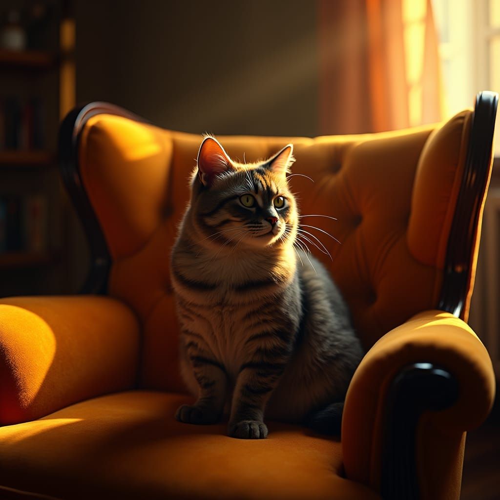 Cat on Velvet Chair in Cinematic Lighting