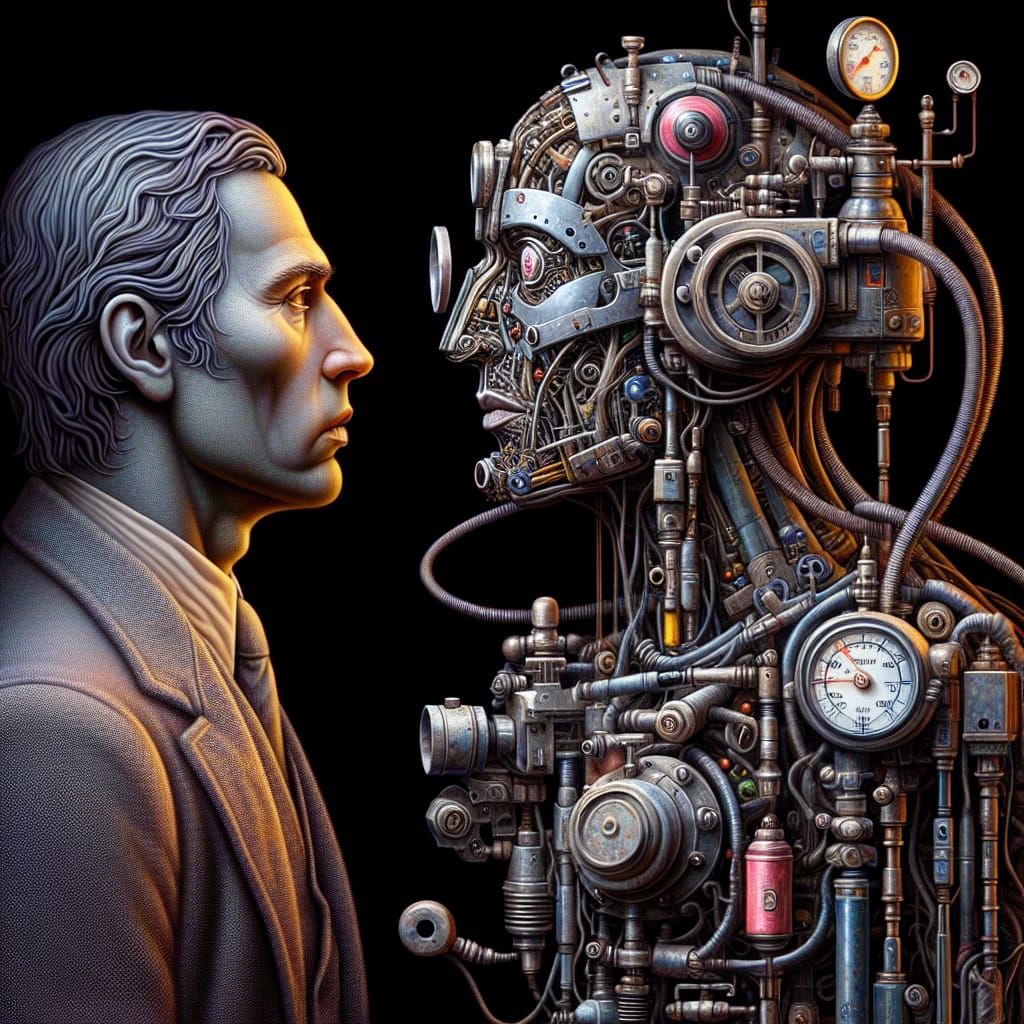 Man Confronts Robot in a Retro-Style Sculpture