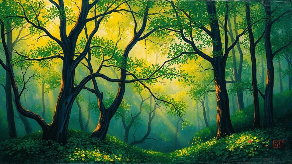 Vibrant Springtime Forest Scene in Impasto Style