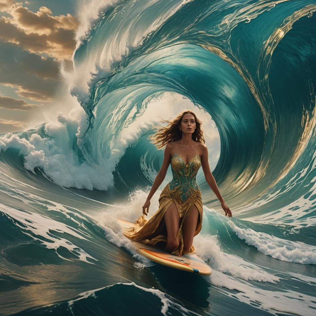 Model Surfing Wave in Golden Dress: Photorealistic Fantasy