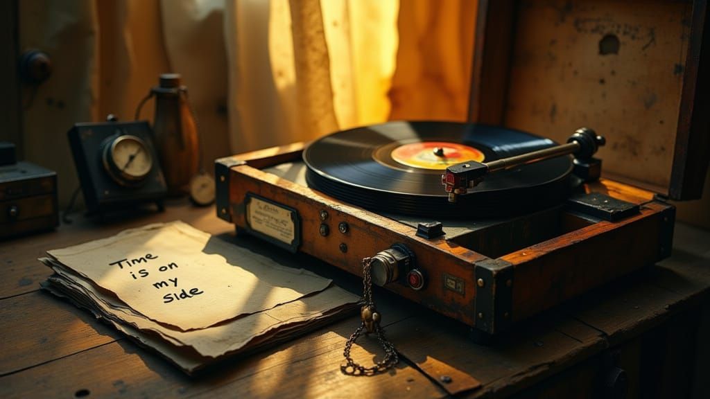 Vintage Record Player with "Time is on My Side" Lyrics in Go...