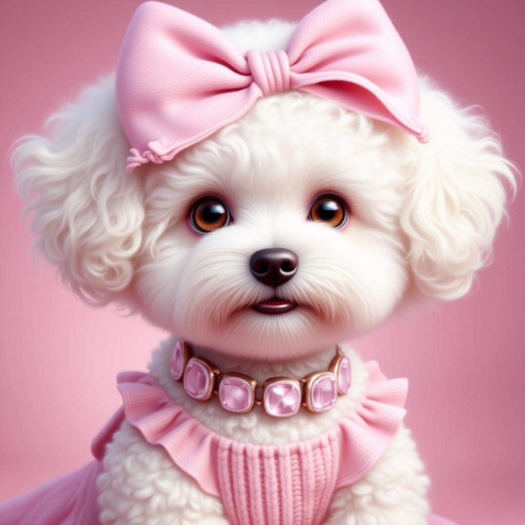 Fluffy Bichon Frise with Pink Bow and Toddler Companion