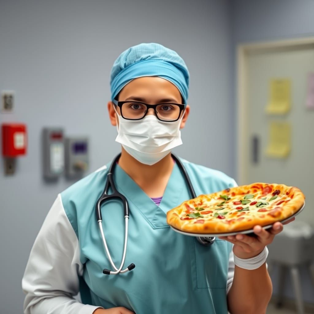 Doctor Holding Pizza in Scrubs