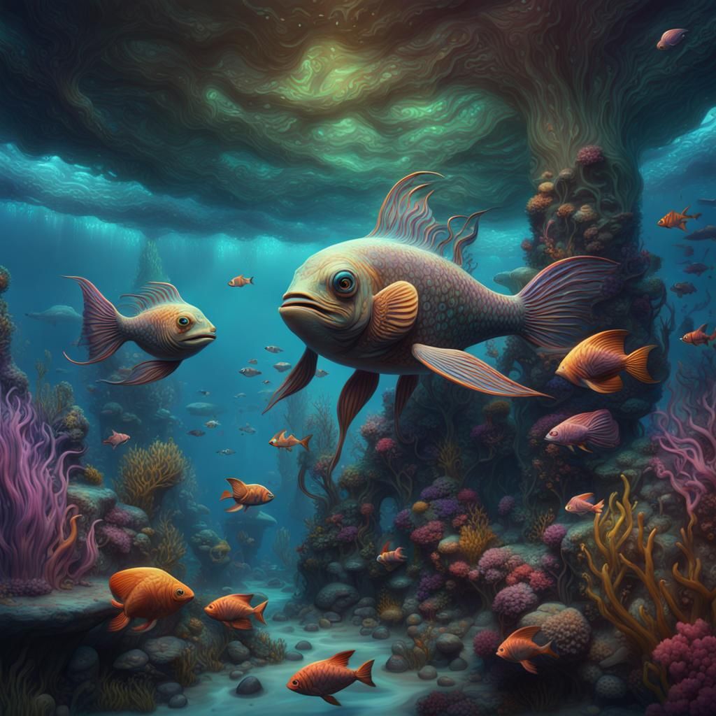 Psychedelic Merfolk in Underwater Kingdom, Fantasy Art