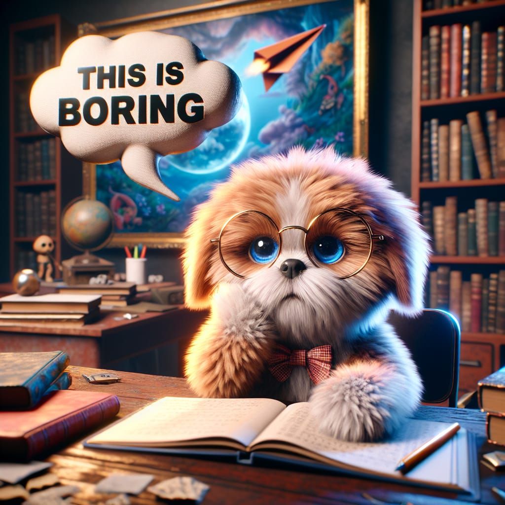 Fluffy Dog Bored at School Desk, Matte Painting