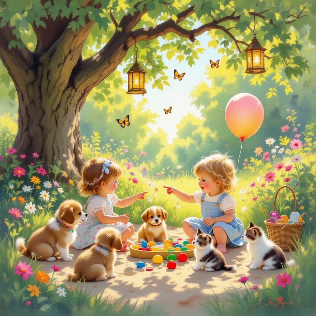 Children Playing in Sunlit Garden, Oil Painting Style