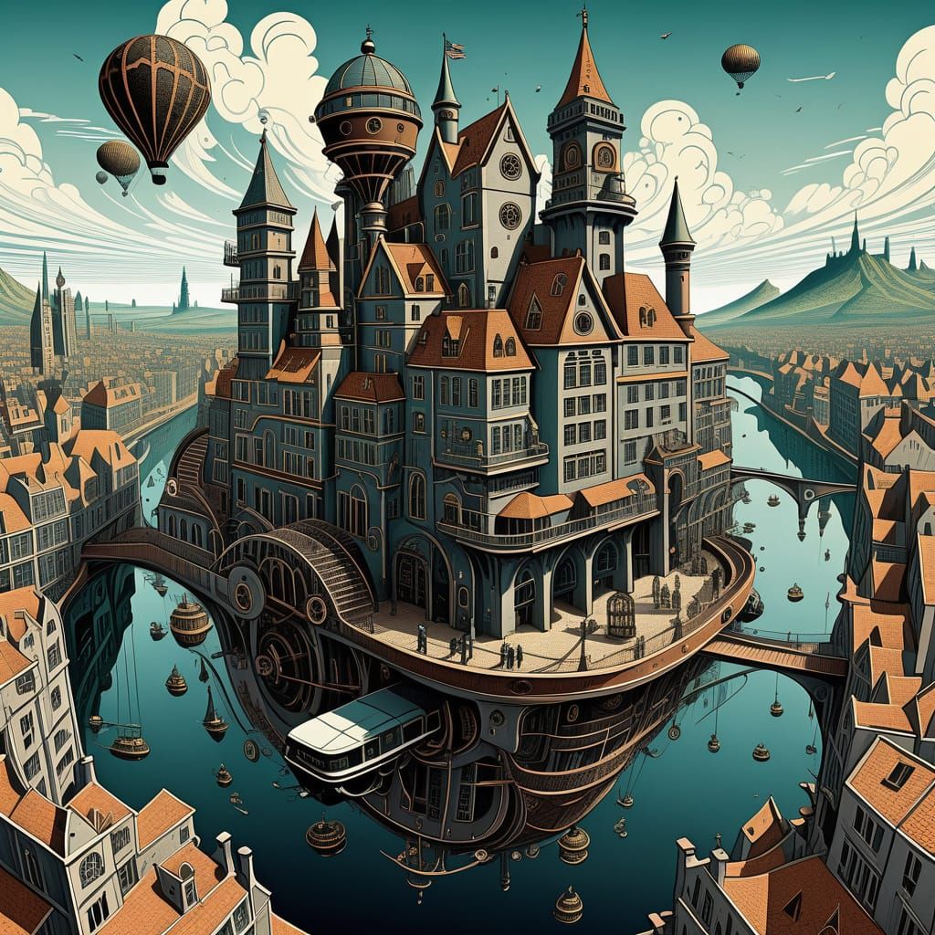 Fantastical Steampunk Cityscape in M.C. Escher Style