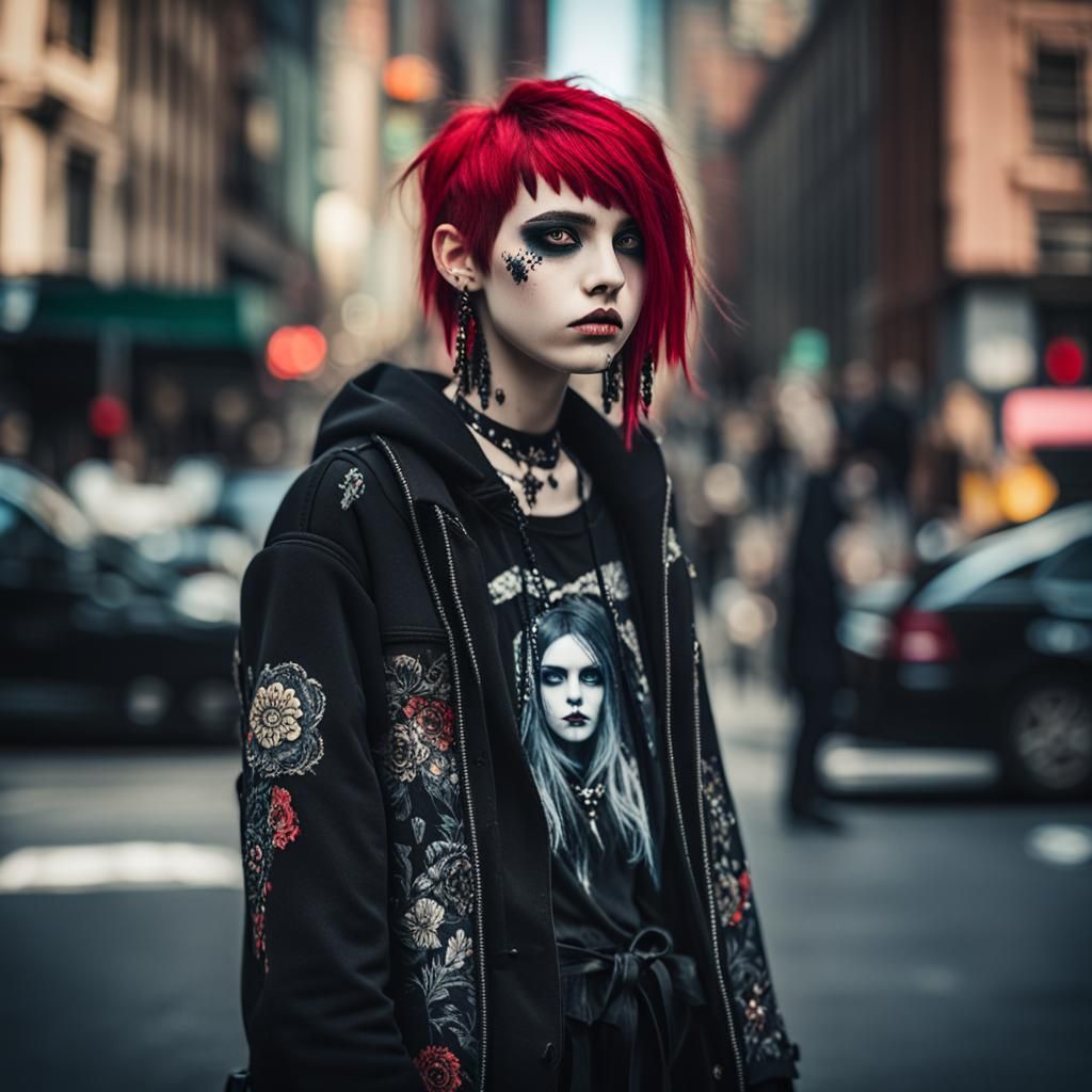 Emo Goth Fashion Model in NYC Street Scene