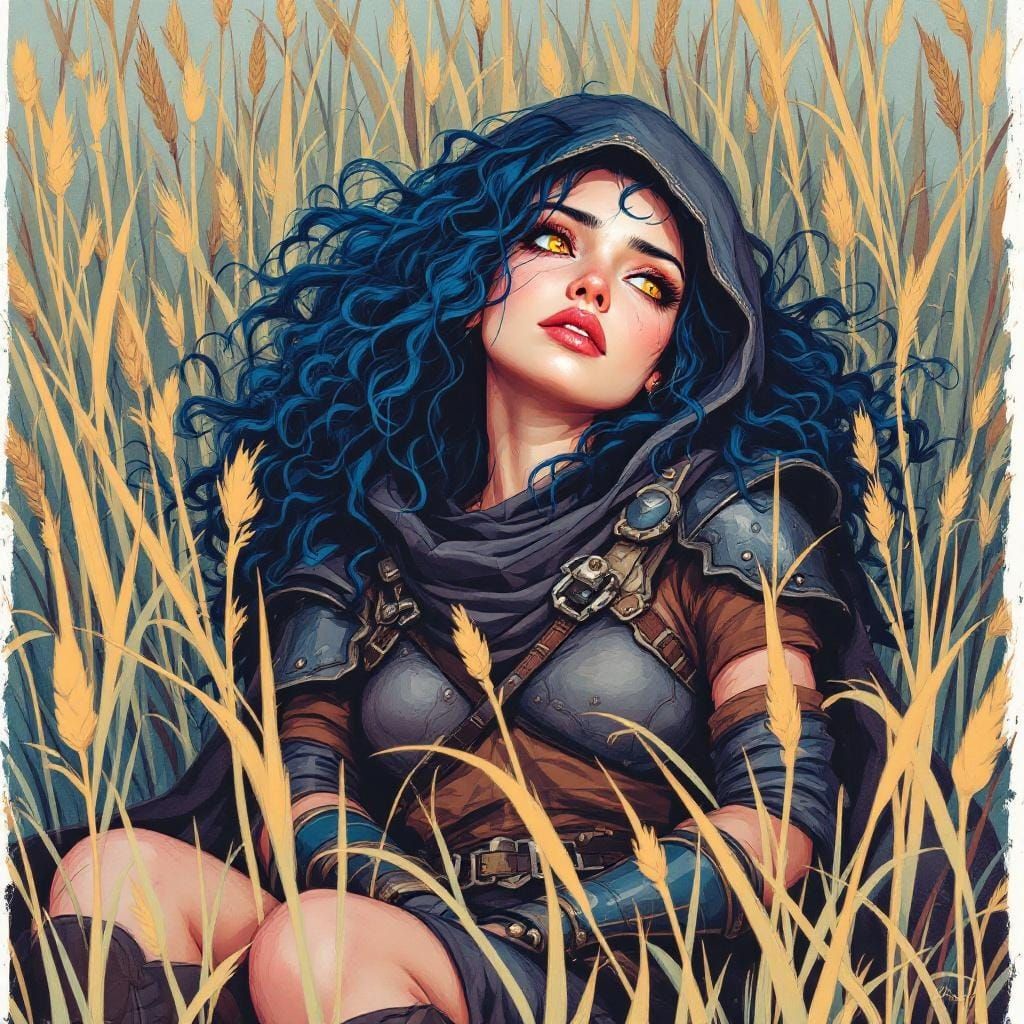 Indian ink, Urban Extreme caricature style. A beautiful woman rests peacefully in the tall grass of a vibrant open prair...