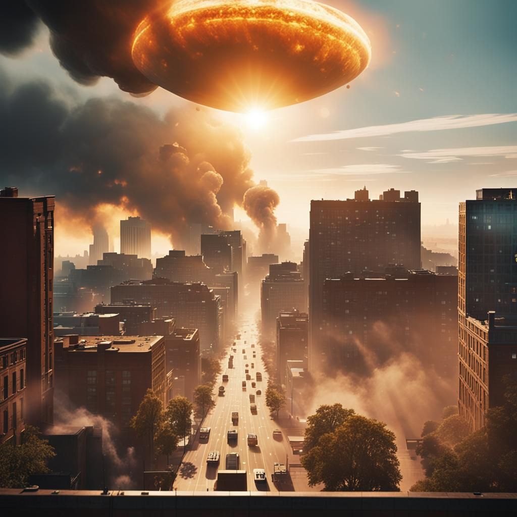 UFOs Attack City in Cinematic Film Still