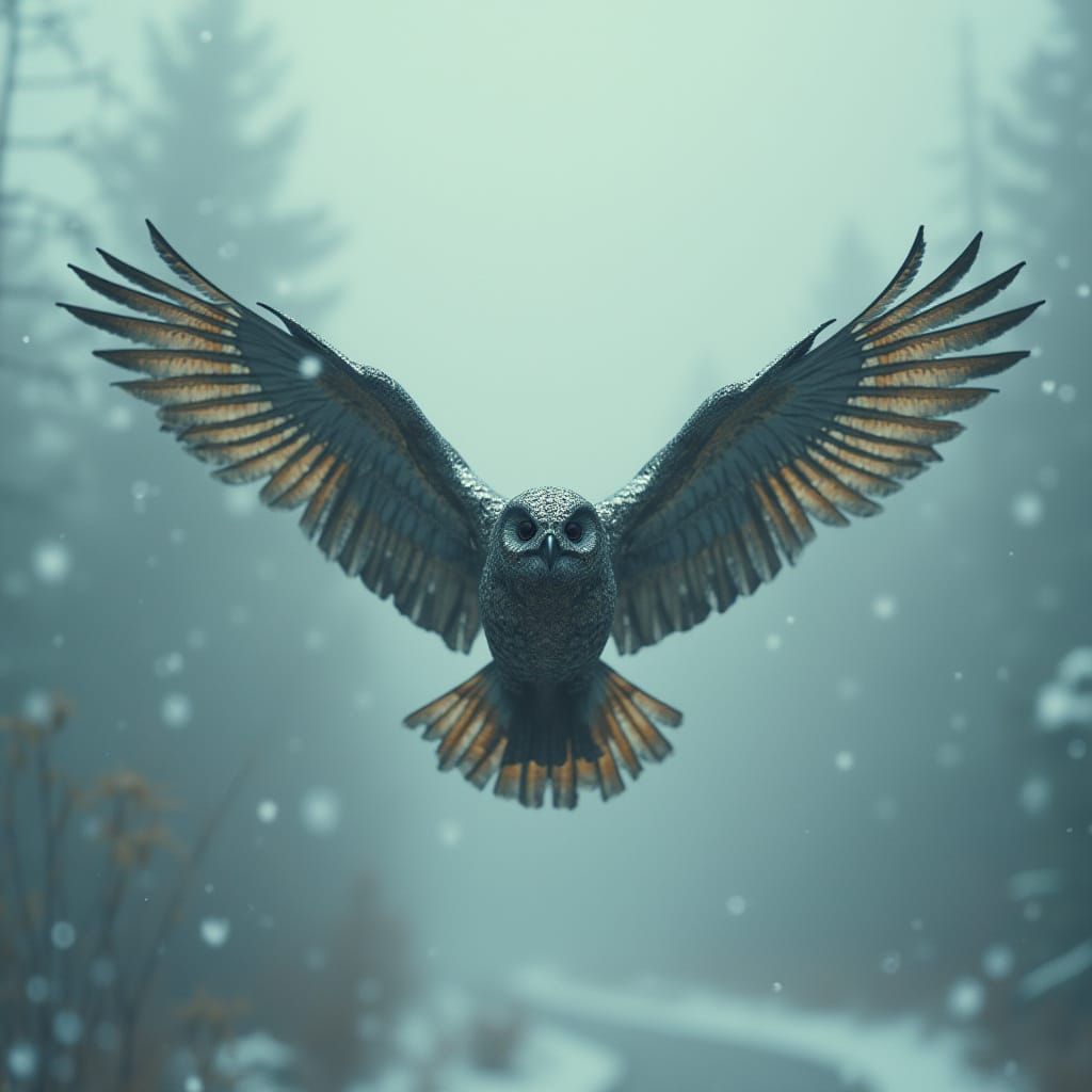 Metal Owl Soars Through Winter Sky in Cinematic Style