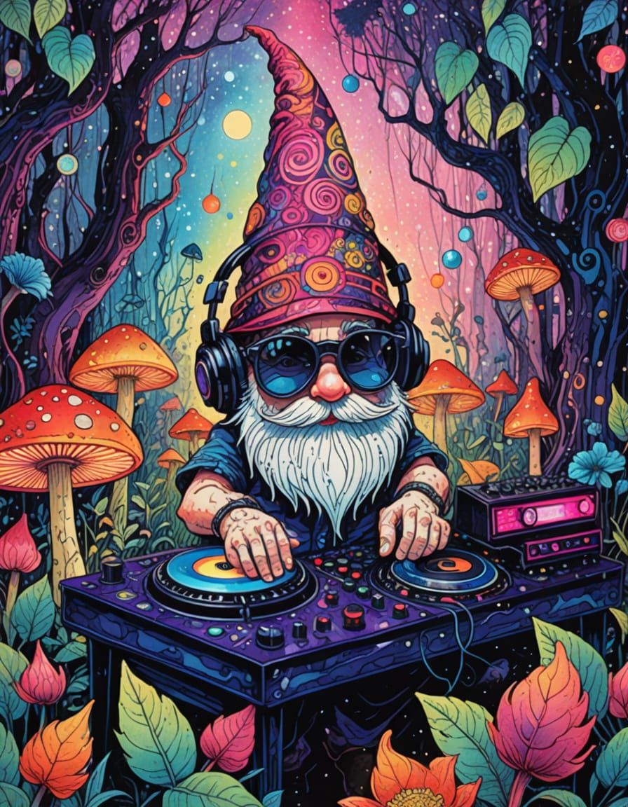 Gnome DJ at Forest Rave in Psychedelic Vaporwave Style