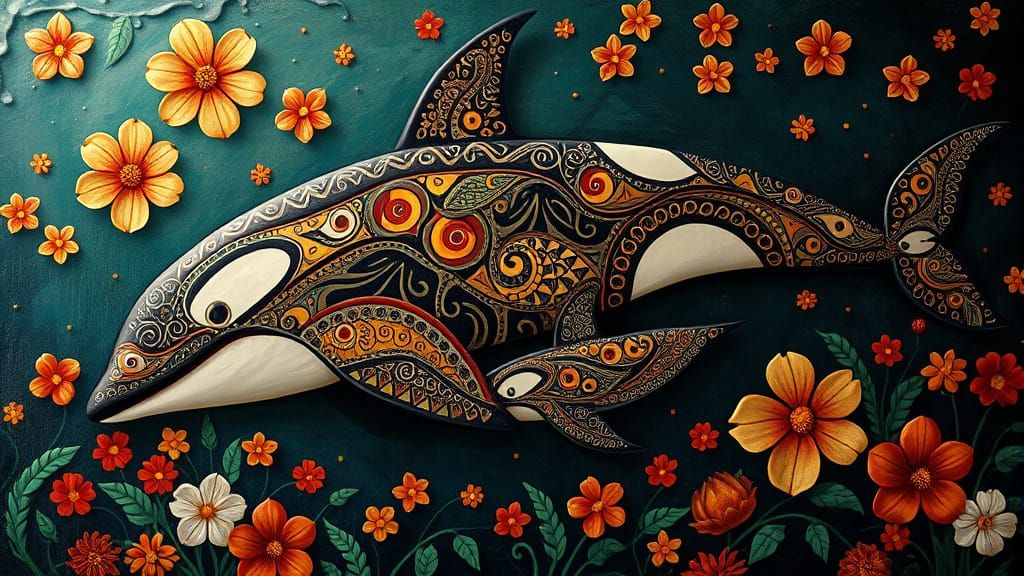 Maori Orca Whale and Calf in Tribal Design