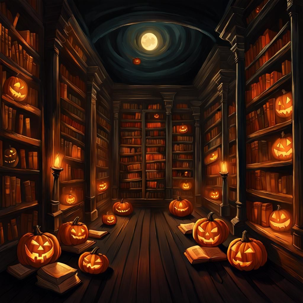 Haunted Dark Academia Library with Jack-o'-Lanterns