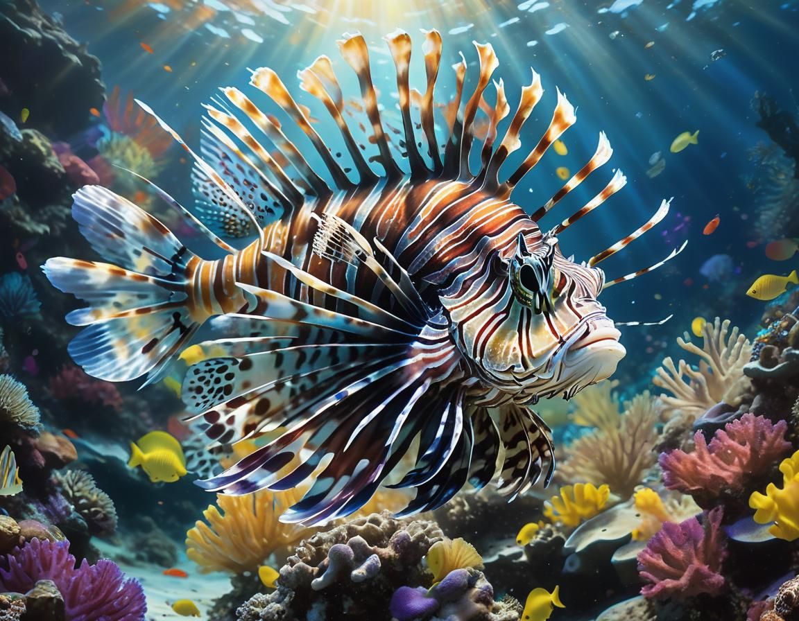 Enchanted Lionfish in Underwater Reef: Pastel Oil Painting
