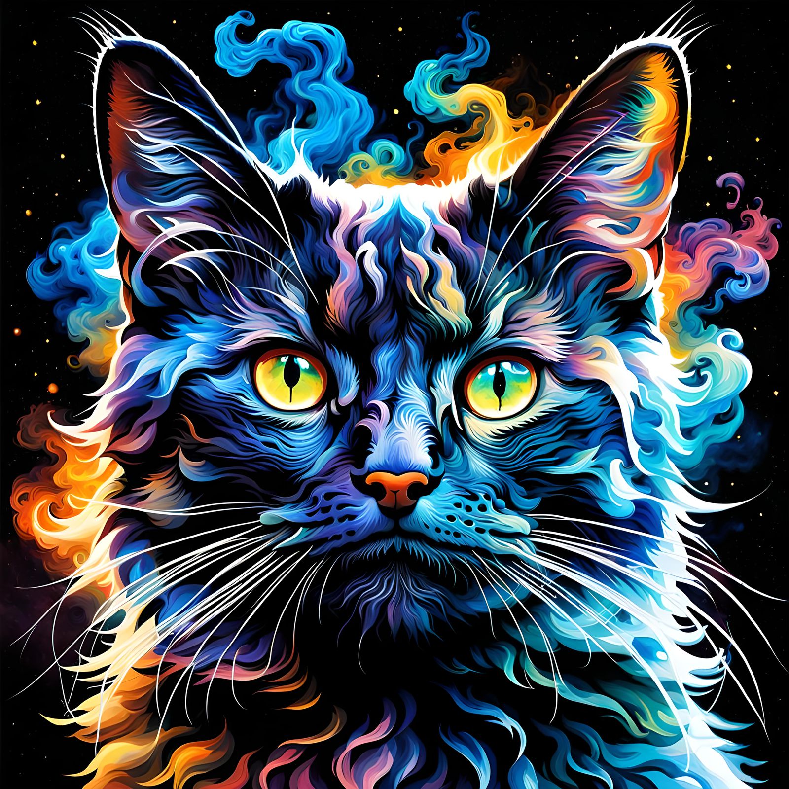 Magical Cat in Starry Night: Smoke Expressionism